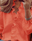 Ruffled Blouse Long Sleeve V-Neck Opaque Design Polyester Women 6