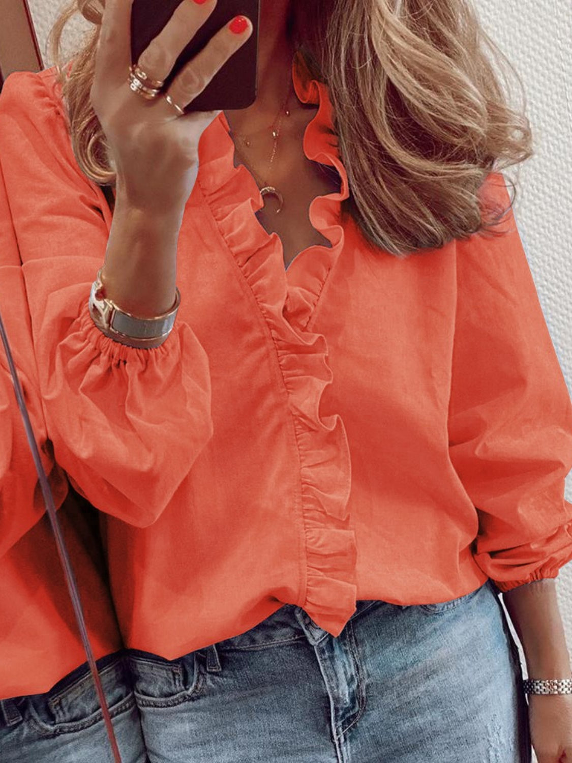 Ruffled Blouse Long Sleeve V-Neck Opaque Design Polyester Women 7