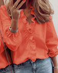 Ruffled Blouse Long Sleeve V-Neck Opaque Design Polyester Women 7