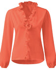 Ruffled Blouse Long Sleeve V-Neck Opaque Design Polyester Women 8