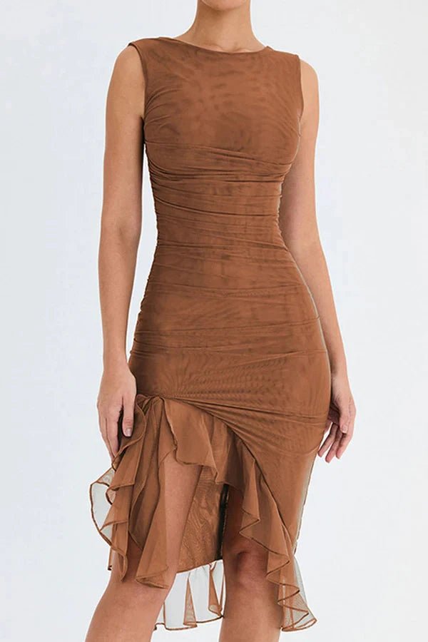 Ruffled Hem Mesh Midi Dress With Scoop Neckline 10