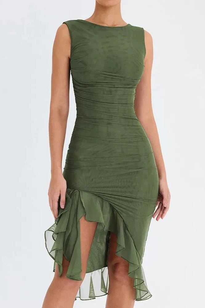 Ruffled Hem Mesh Midi Dress With Scoop Neckline 9