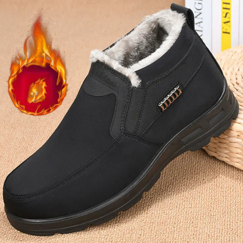 Men's black slip-on shoes with plush warm lining for winter home and casual wear