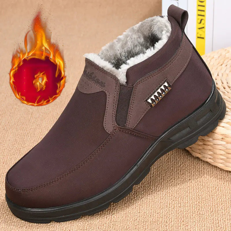 Men's black slip-on shoes with plush warm lining for winter home and casual wear