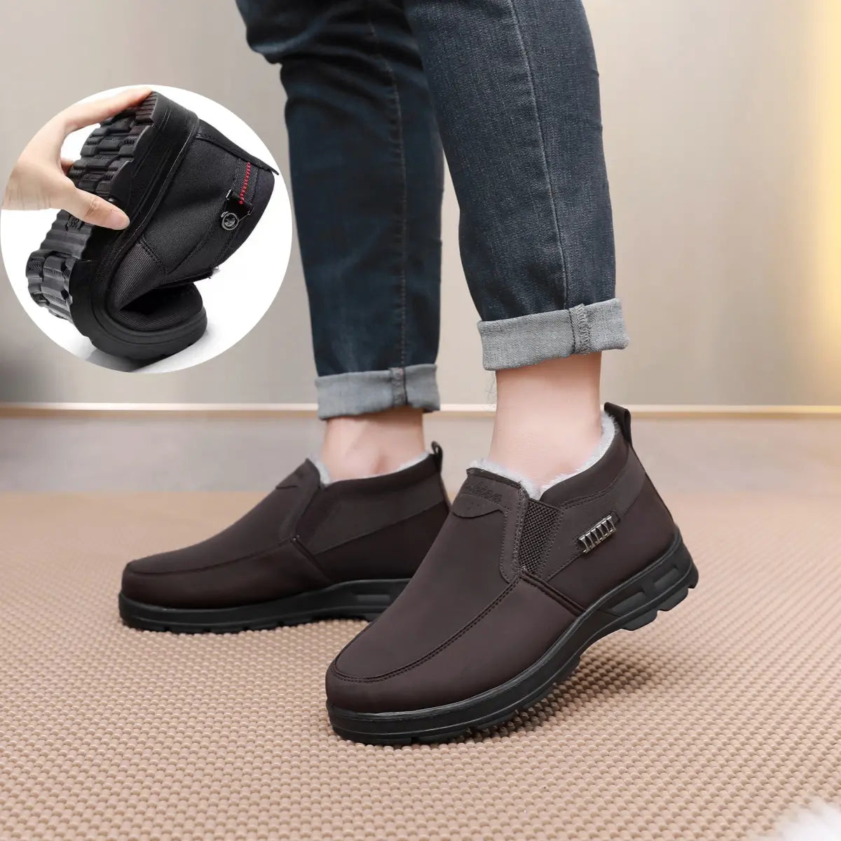 Men's black slip-on shoes with plush warm lining for winter home and casual wear