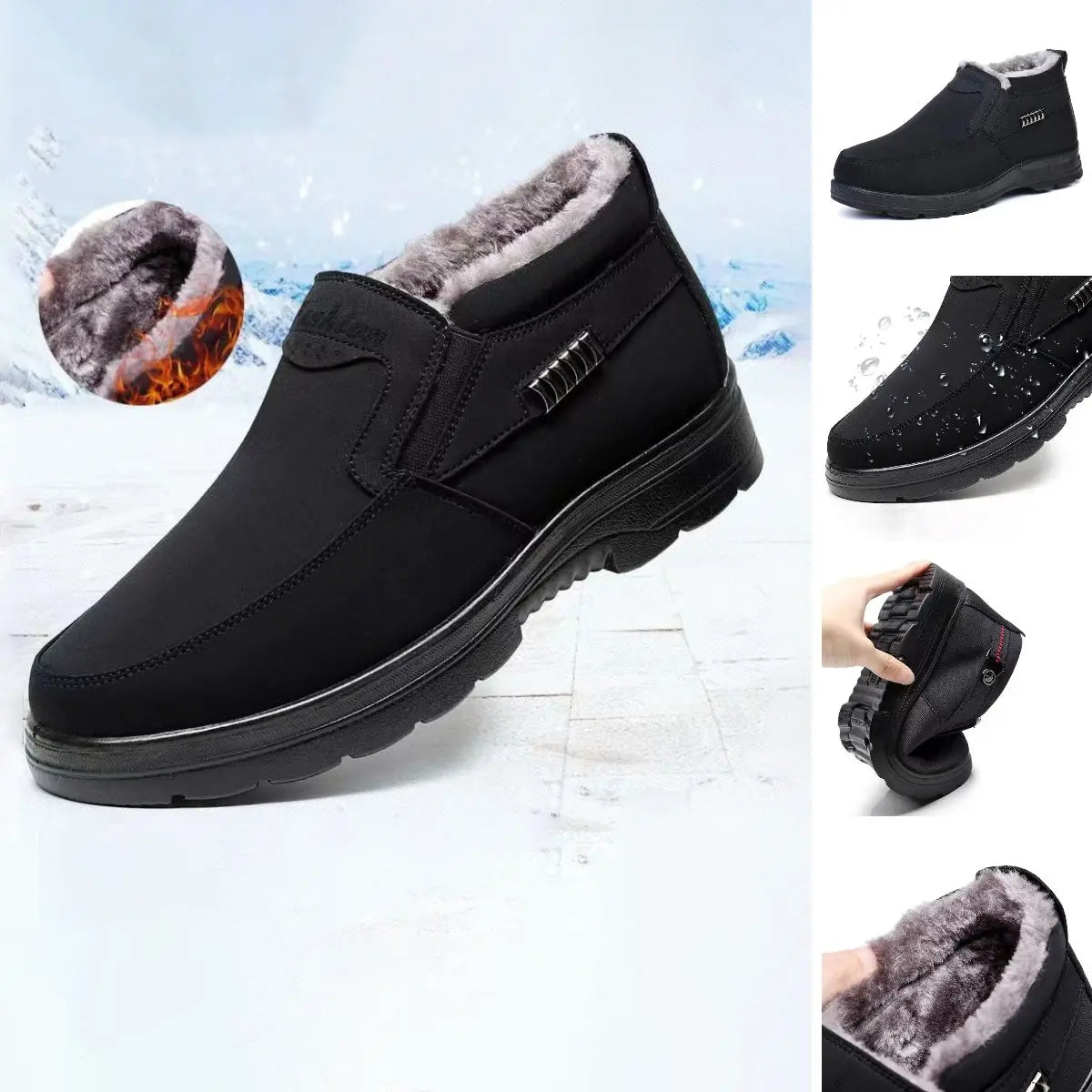 Men's black slip-on shoes with plush warm lining for winter home and casual wear