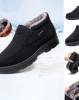 Men's black slip-on shoes with plush warm lining for winter home and casual wear