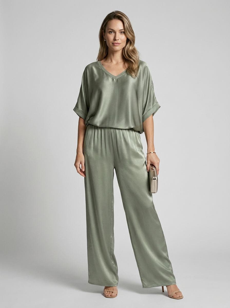 Women’s green women's satin lounge set wide leg