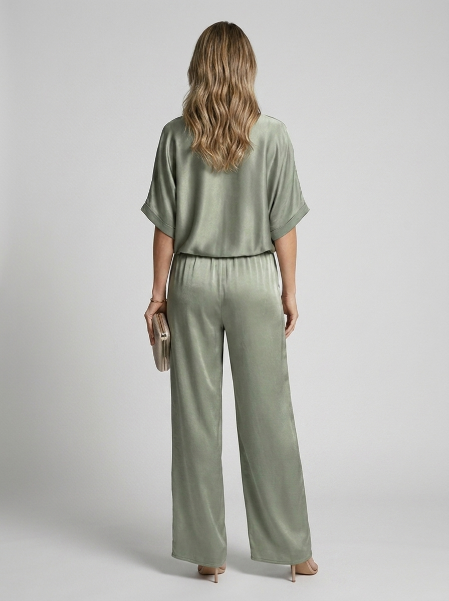 Women’s green women's satin lounge set wide leg