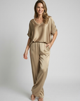 Women’s green women's satin lounge set wide leg