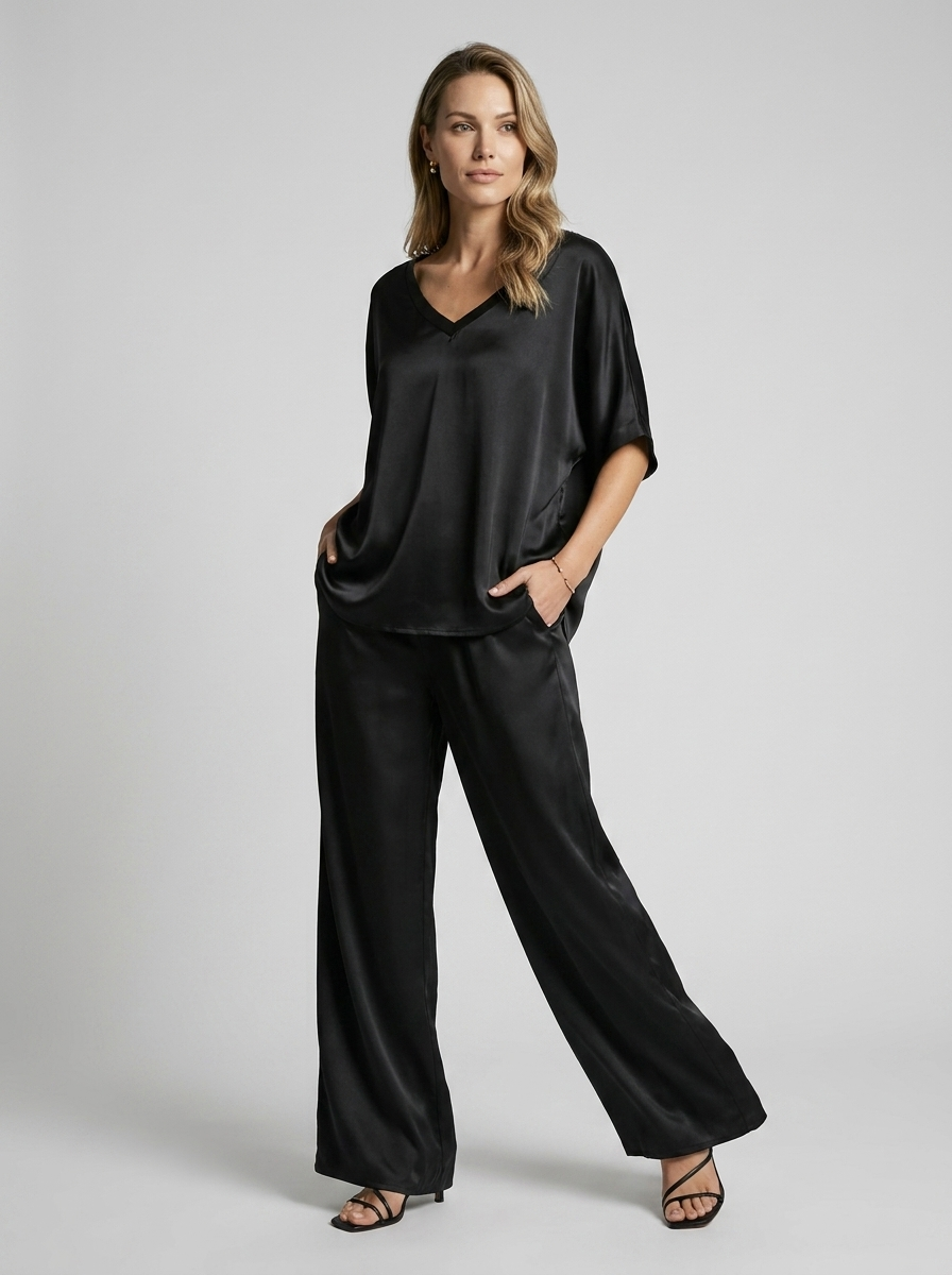 Women’s green women's satin lounge set wide leg