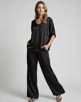 Women’s green women's satin lounge set wide leg