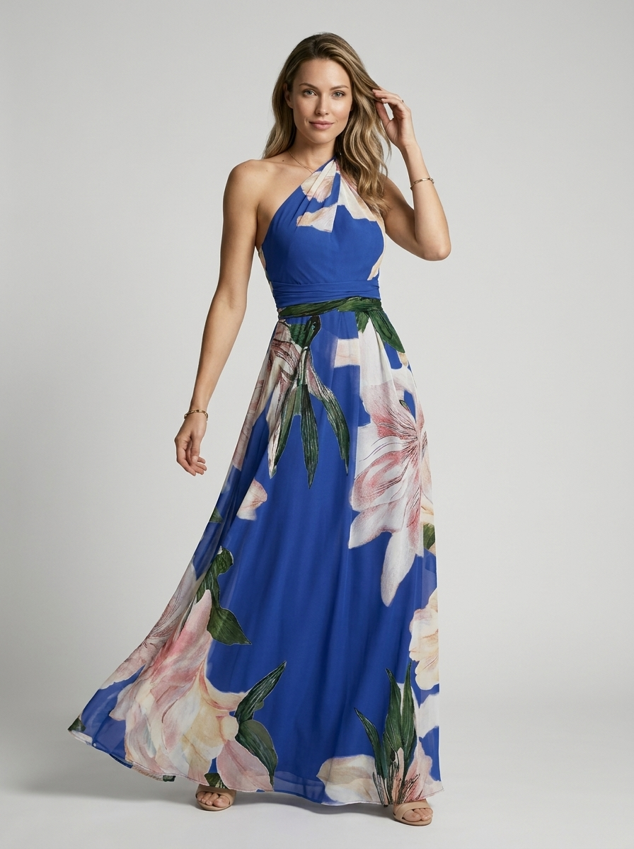 Women’s dark blue women's asymmetric floral maxi dress