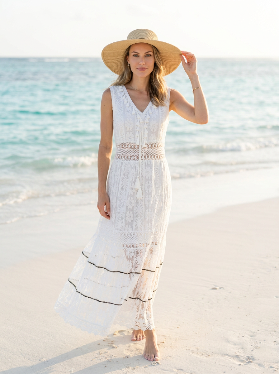 Women’s women's boho lace maxi dress v-neck