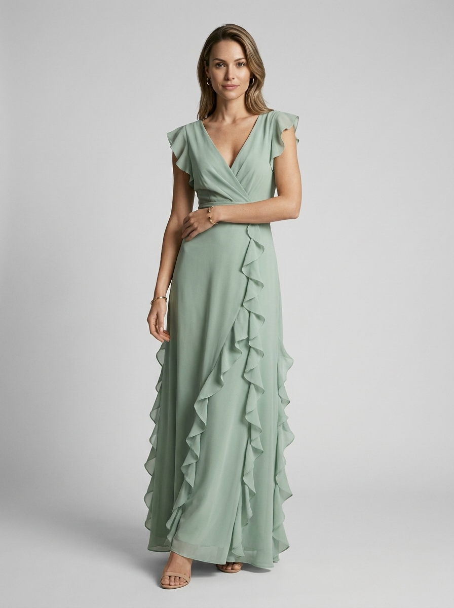 Women’s green women's ruffle maxi dress deep v-neck