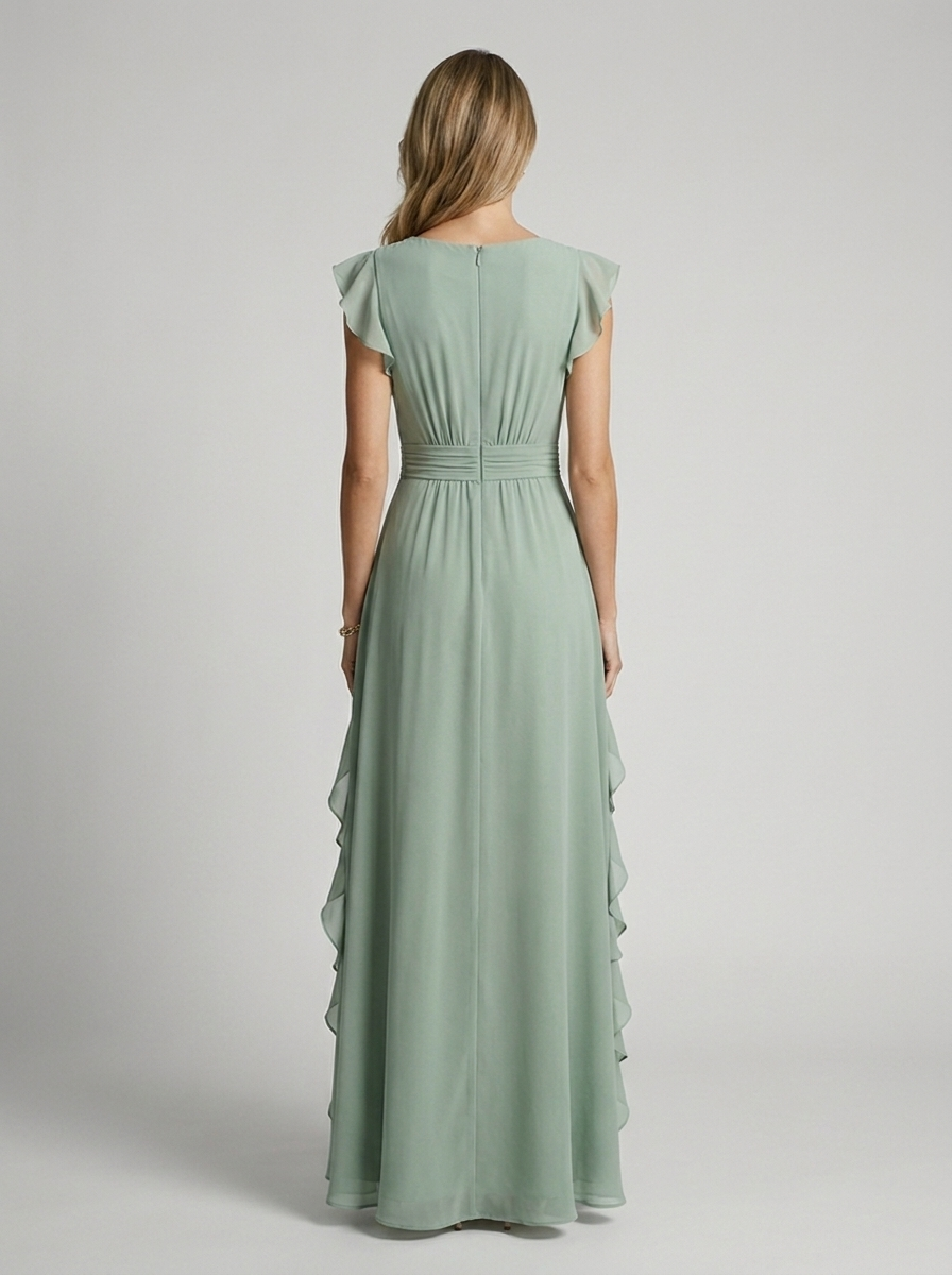 Women’s green women's ruffle maxi dress deep v-neck
