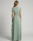 Women’s green women's ruffle maxi dress deep v-neck