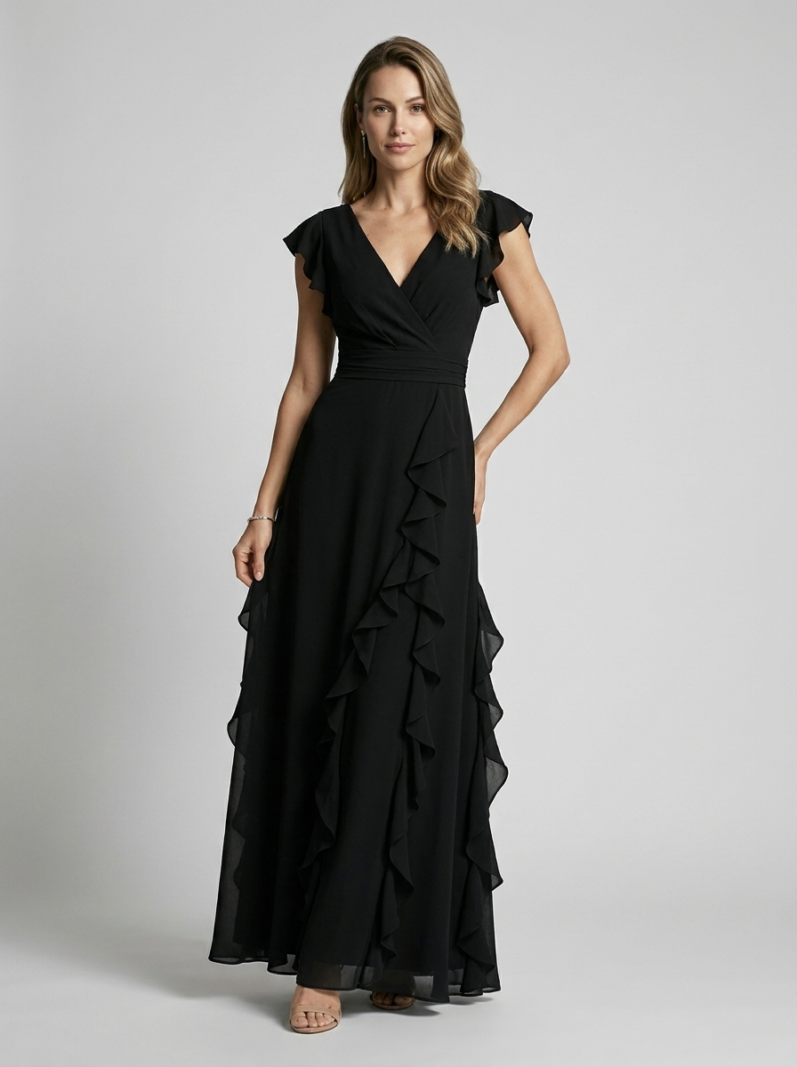 Women’s green women's ruffle maxi dress deep v-neck