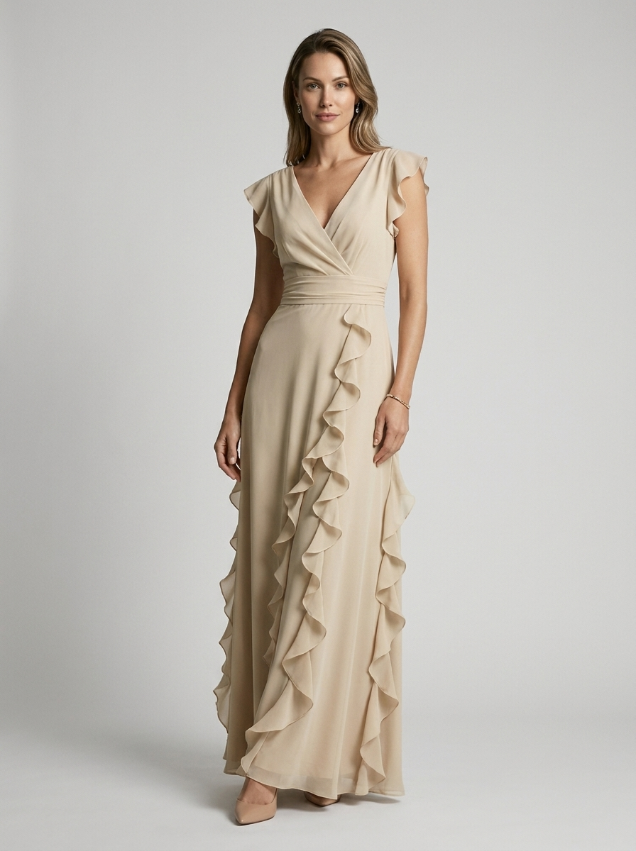 Women’s green women's ruffle maxi dress deep v-neck