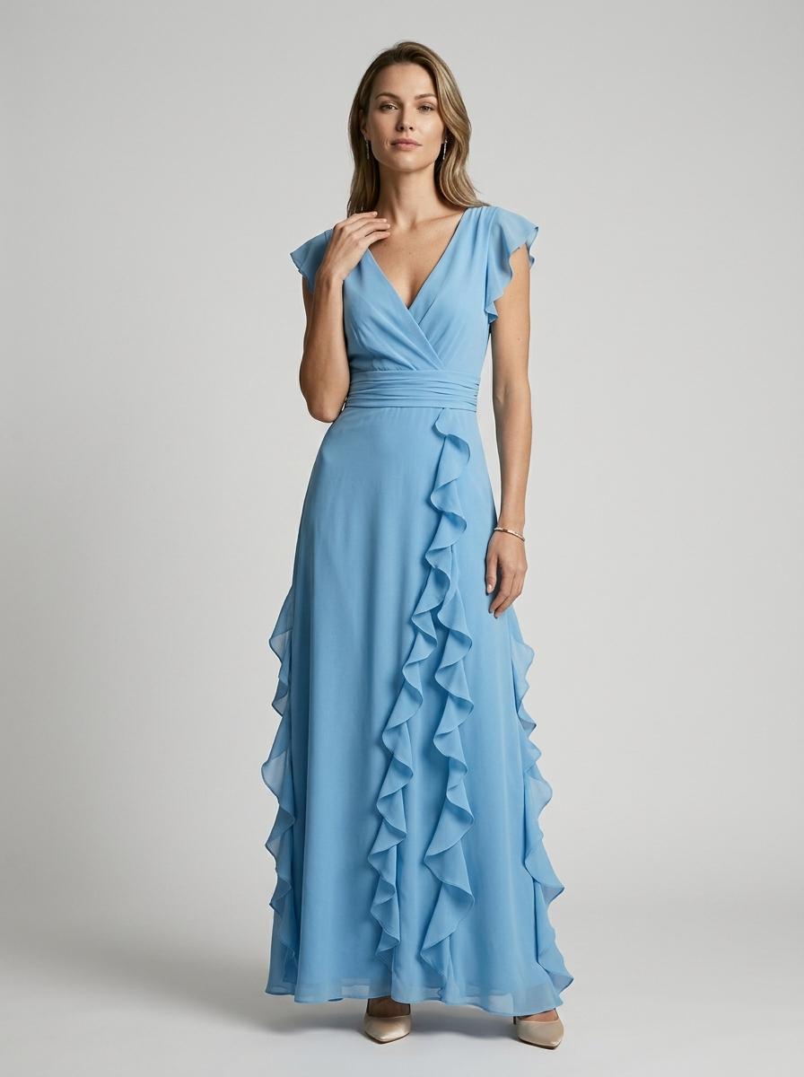 Women’s green women's ruffle maxi dress deep v-neck