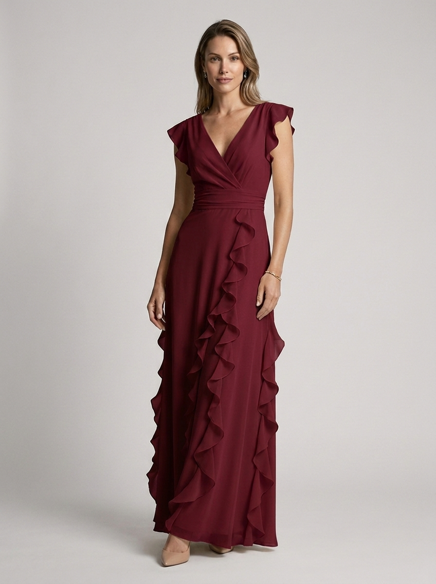 Women’s green women's ruffle maxi dress deep v-neck