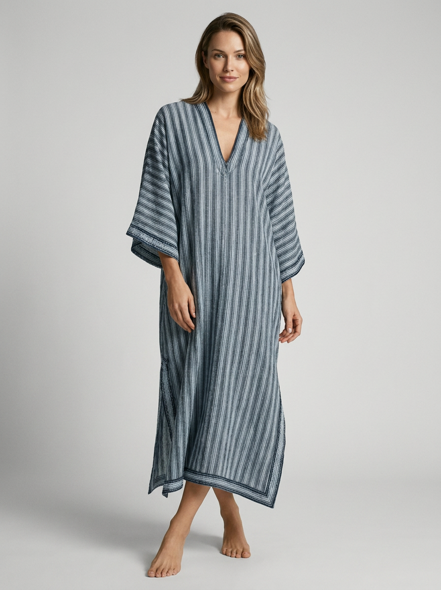 Women’s blue women's striped kaftan dress v-neck