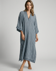 Women’s blue women's striped kaftan dress v-neck