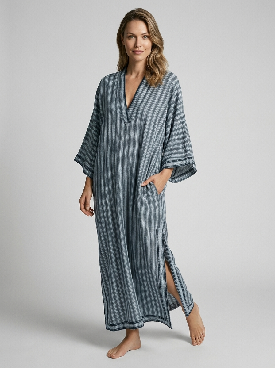 Women’s blue women's striped kaftan dress v-neck