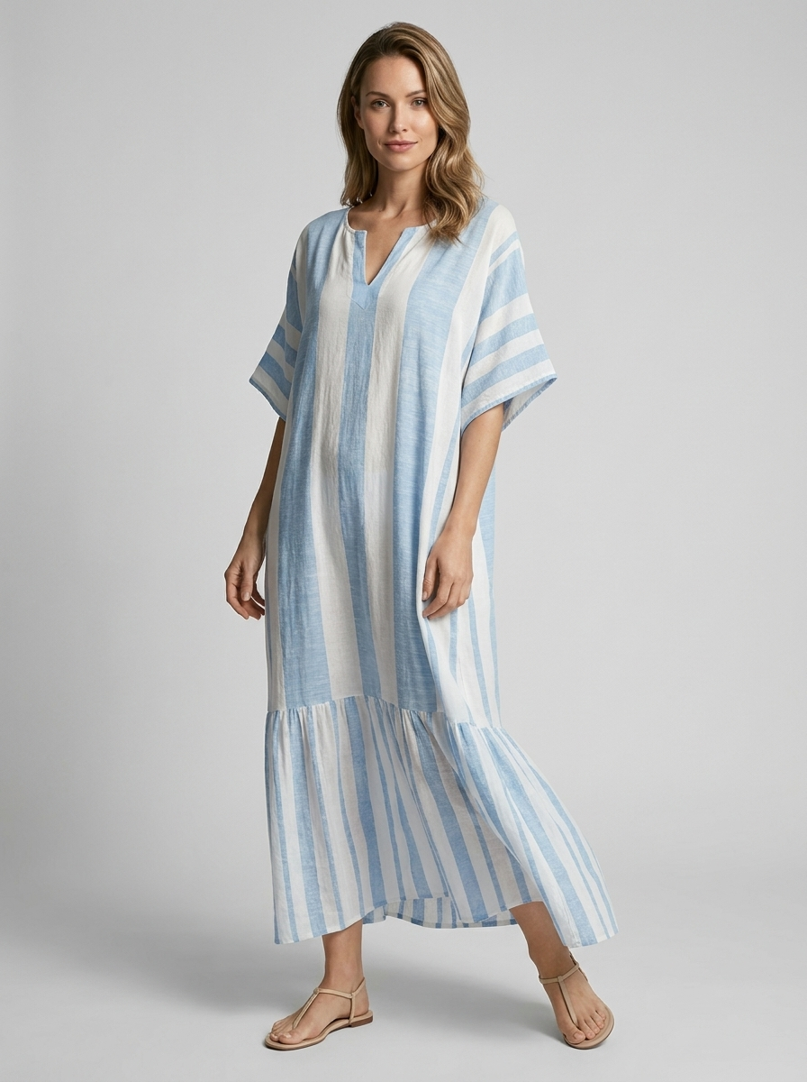 Women’s blue women's striped kaftan dress v-neck