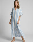 Women’s blue women's striped kaftan dress v-neck