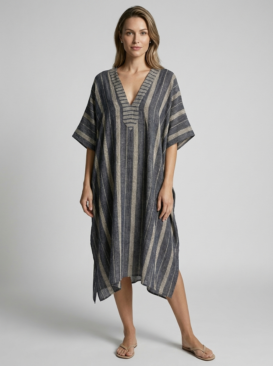 Women’s blue women's striped kaftan dress v-neck