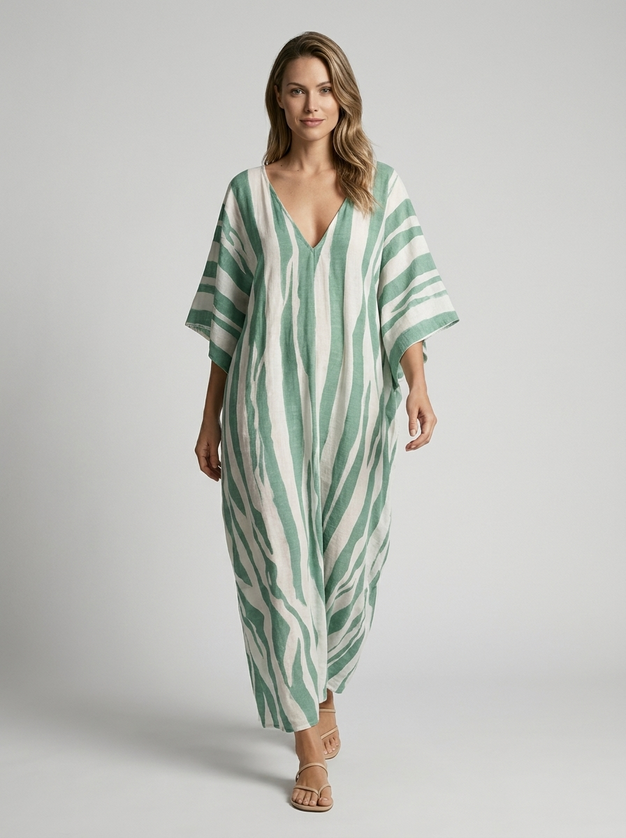 Women’s blue women's striped kaftan dress v-neck