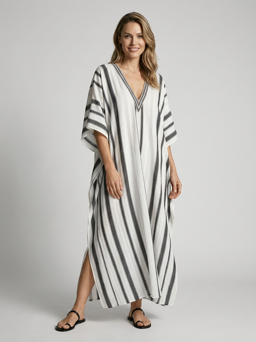 Women’s blue women's striped kaftan dress v-neck