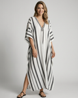 Women’s blue women's striped kaftan dress v-neck