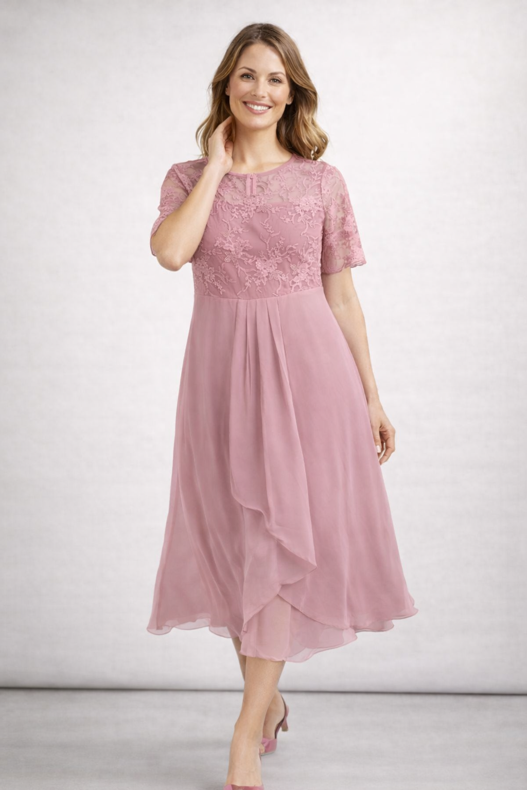 Women’s pink women's lace chiffon midi dress