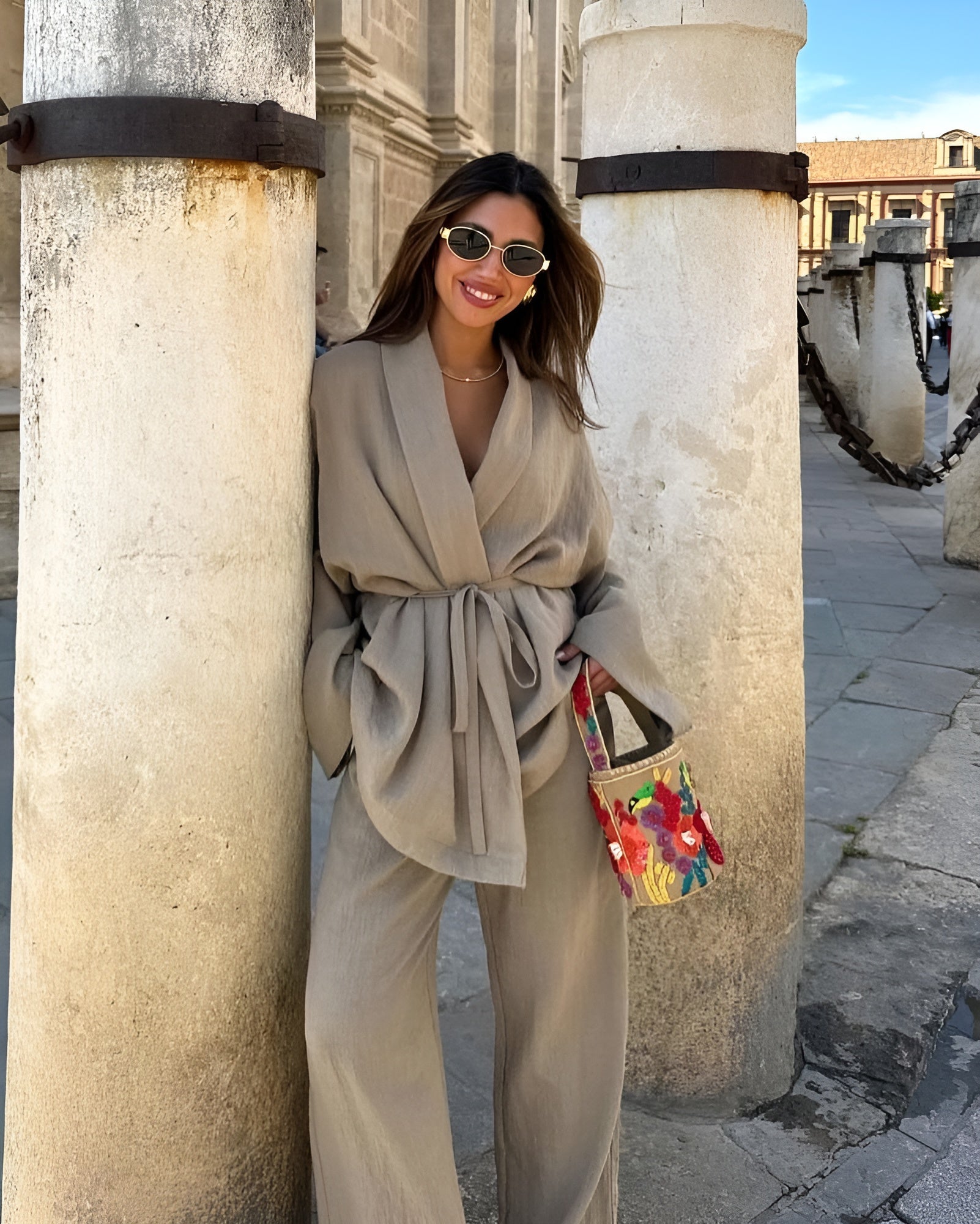 Women’s khaki women's linen two piece set