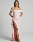 Women’s pink women's off-shoulder maxi dress slit