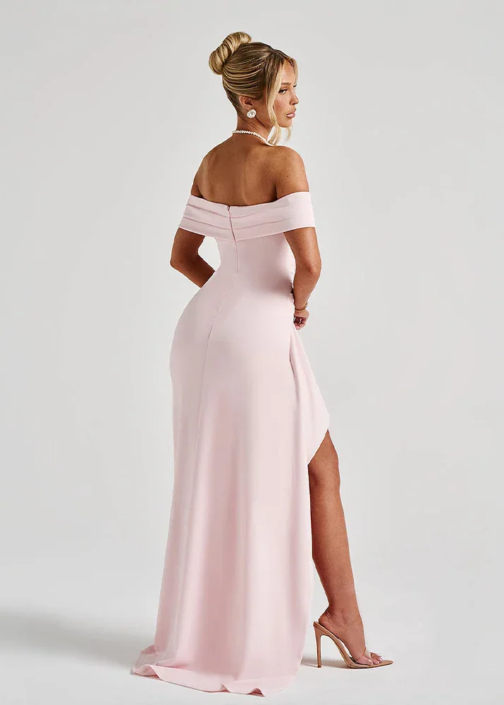 Women’s pink women's off-shoulder maxi dress slit