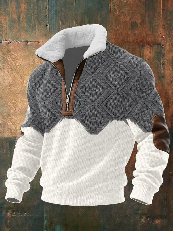 Men's grey and beige lined raised-collar overshirt shacket