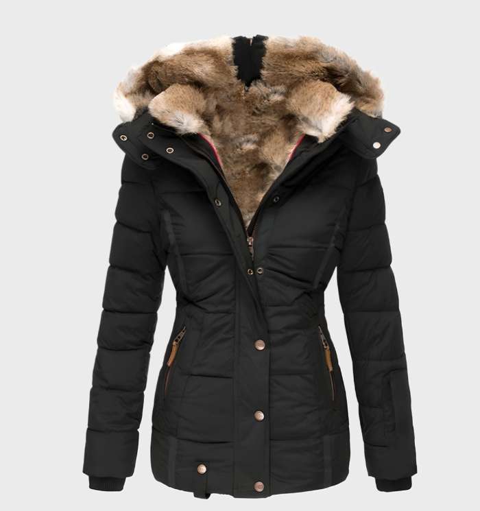Women's black hooded puffer jacket with slim fit