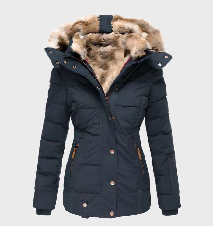 Women's black hooded puffer jacket with slim fit