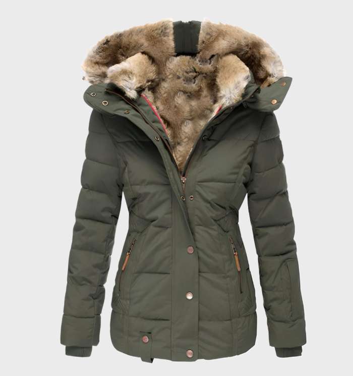 Women's black hooded puffer jacket with slim fit