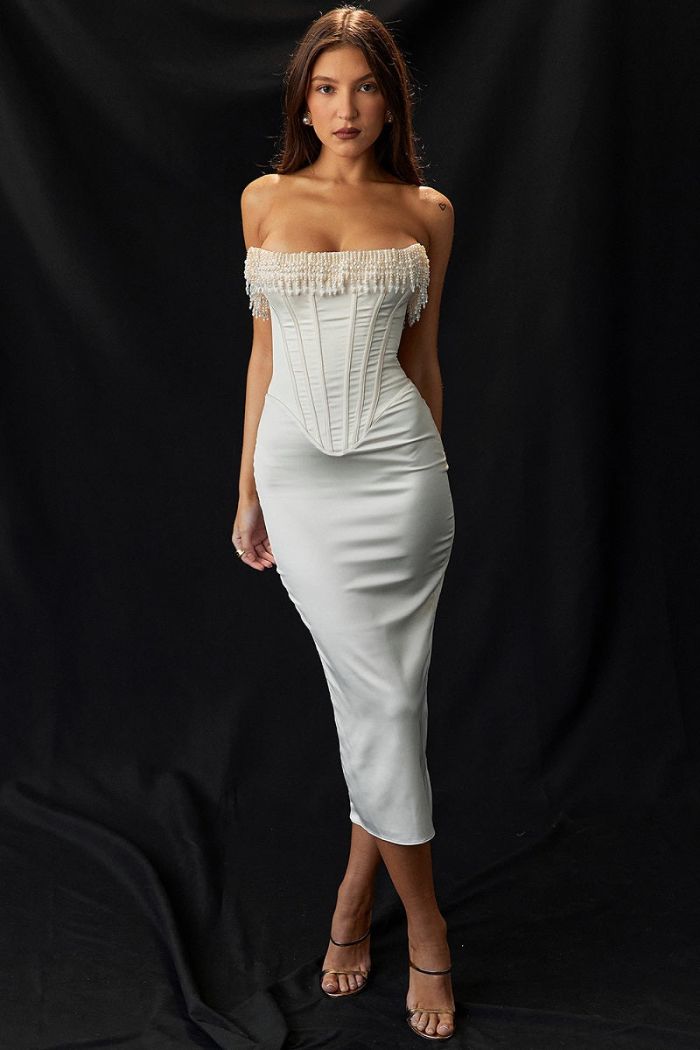Strapless Satin Evening Dress With Pearl Embellishments 6