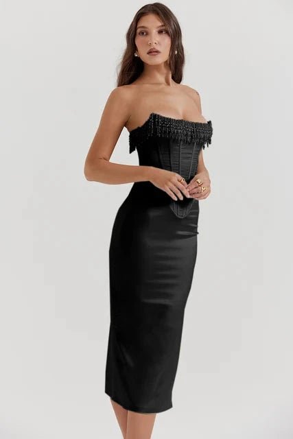 Strapless Satin Evening Dress With Pearl Embellishments 8