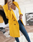 Women's yellow winter coat with lapel collar and button front