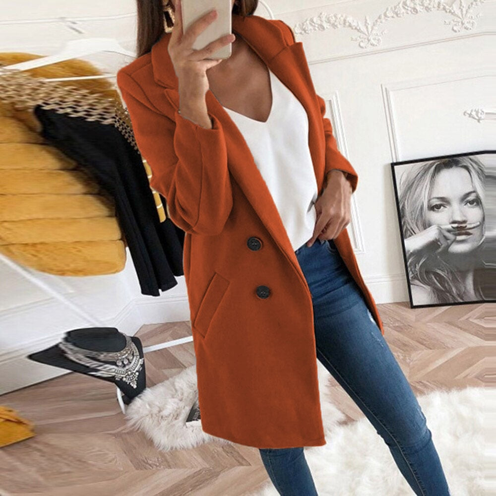 Women's yellow winter coat with lapel collar and button front