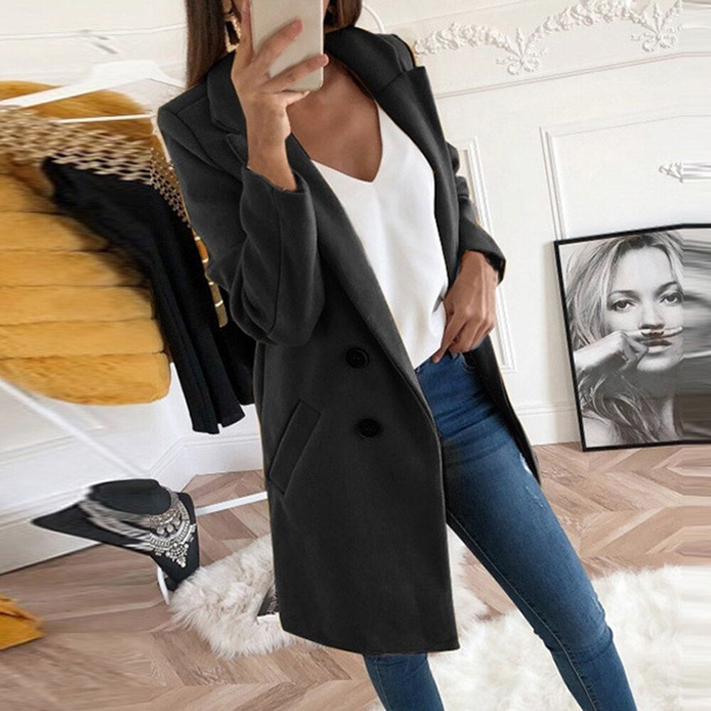 Women's yellow winter coat with lapel collar and button front