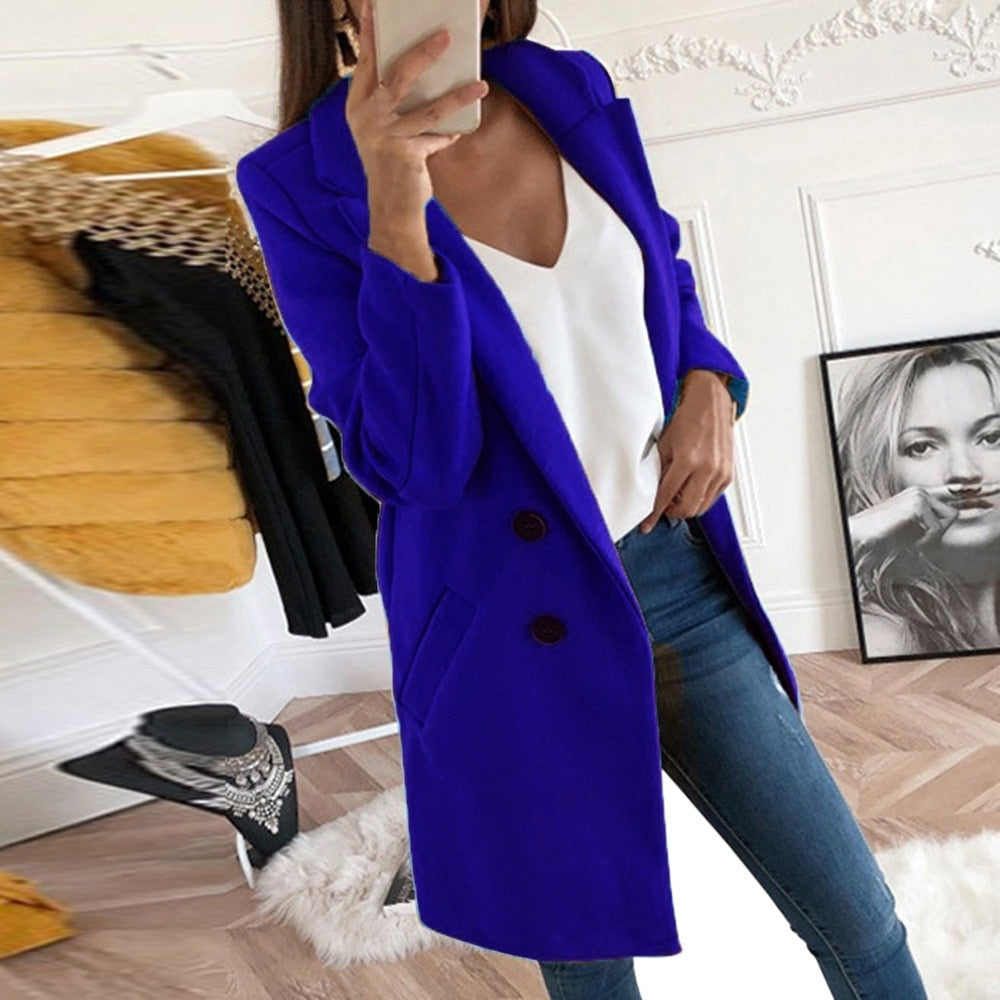 Women's yellow winter coat with lapel collar and button front