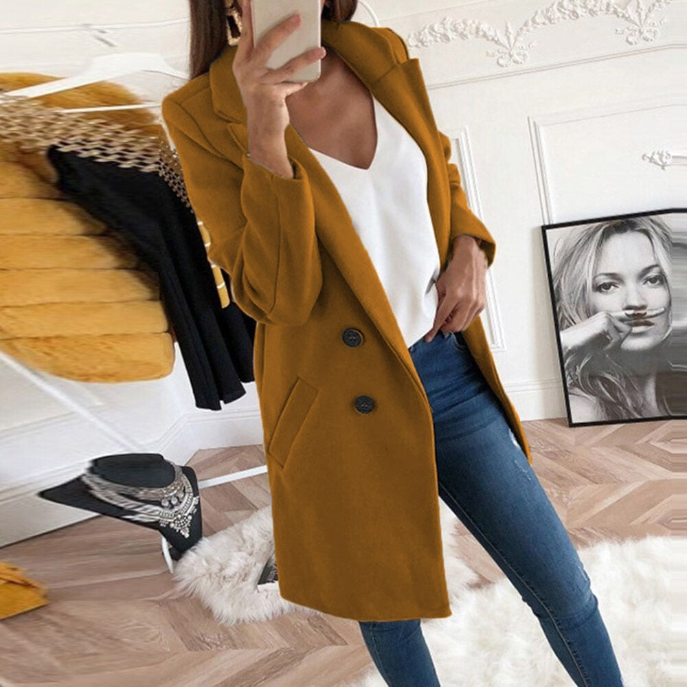 Women's yellow winter coat with lapel collar and button front