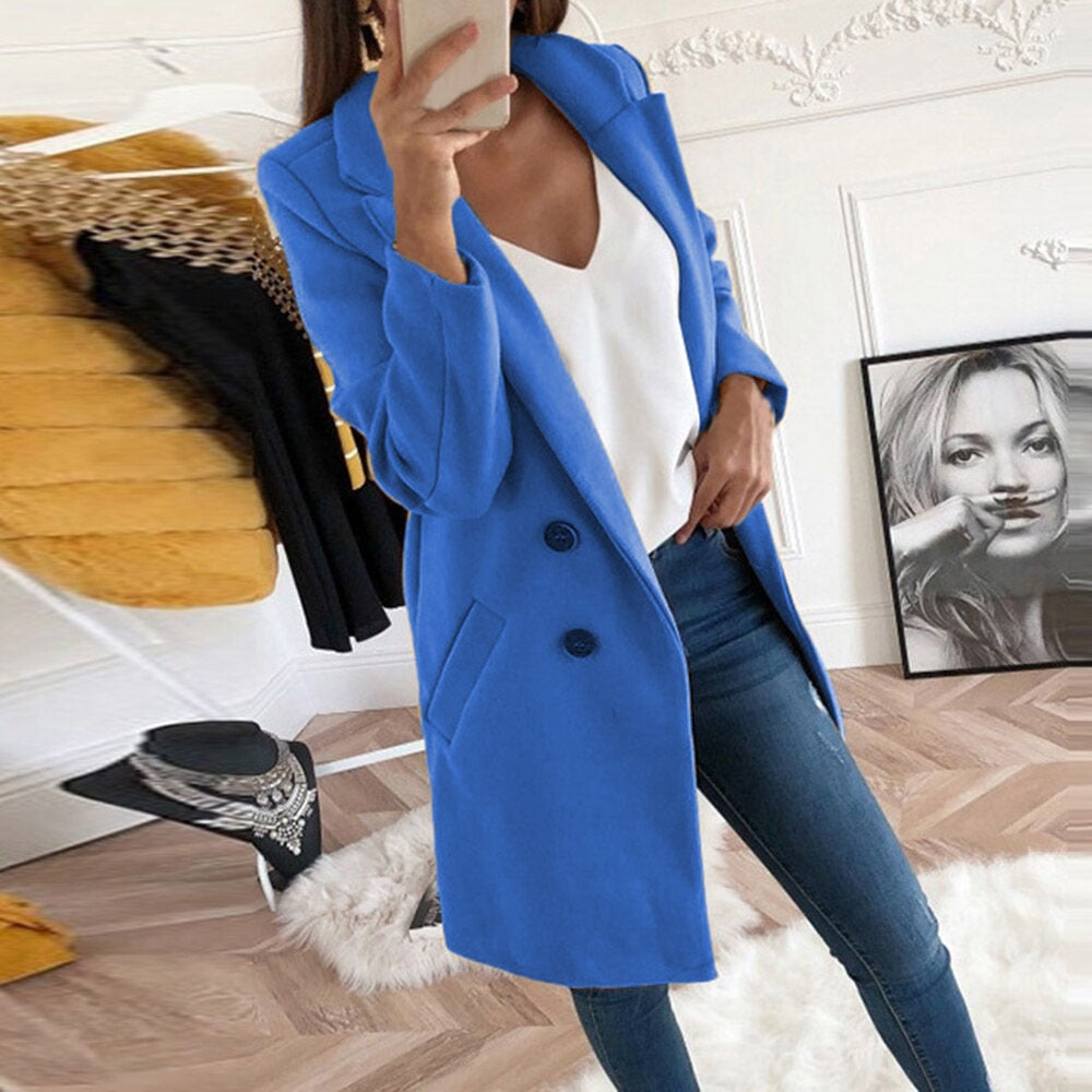 Women's yellow winter coat with lapel collar and button front